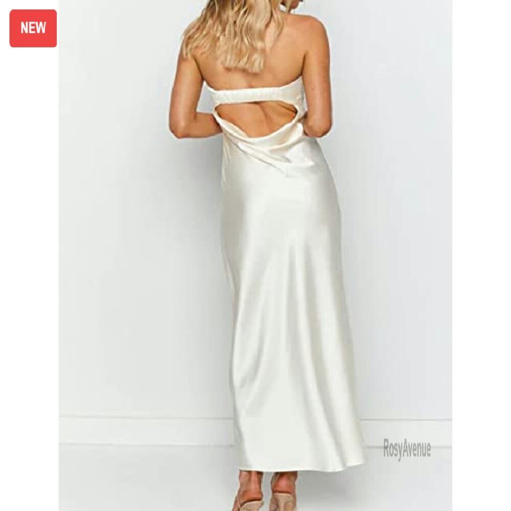 Satin Strapless Maxi Dress Backless Formal Wedding Guest Gown - Picture 3 of 8